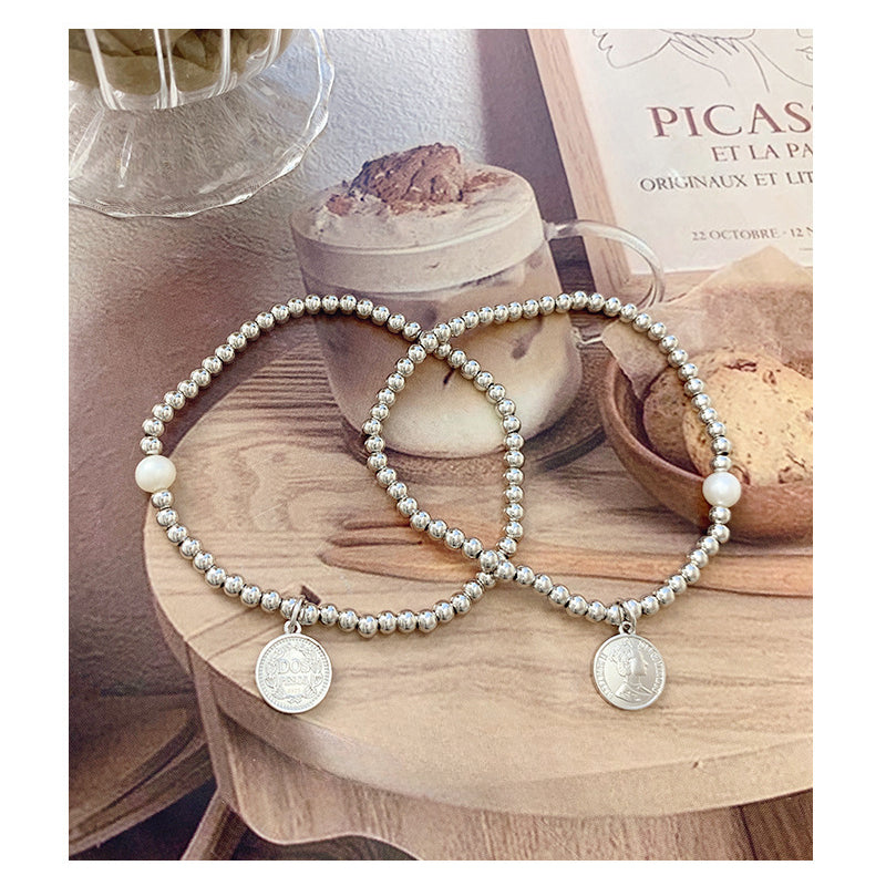 S925 Beads Round Coin Charm Pearl Elastic Bracelet