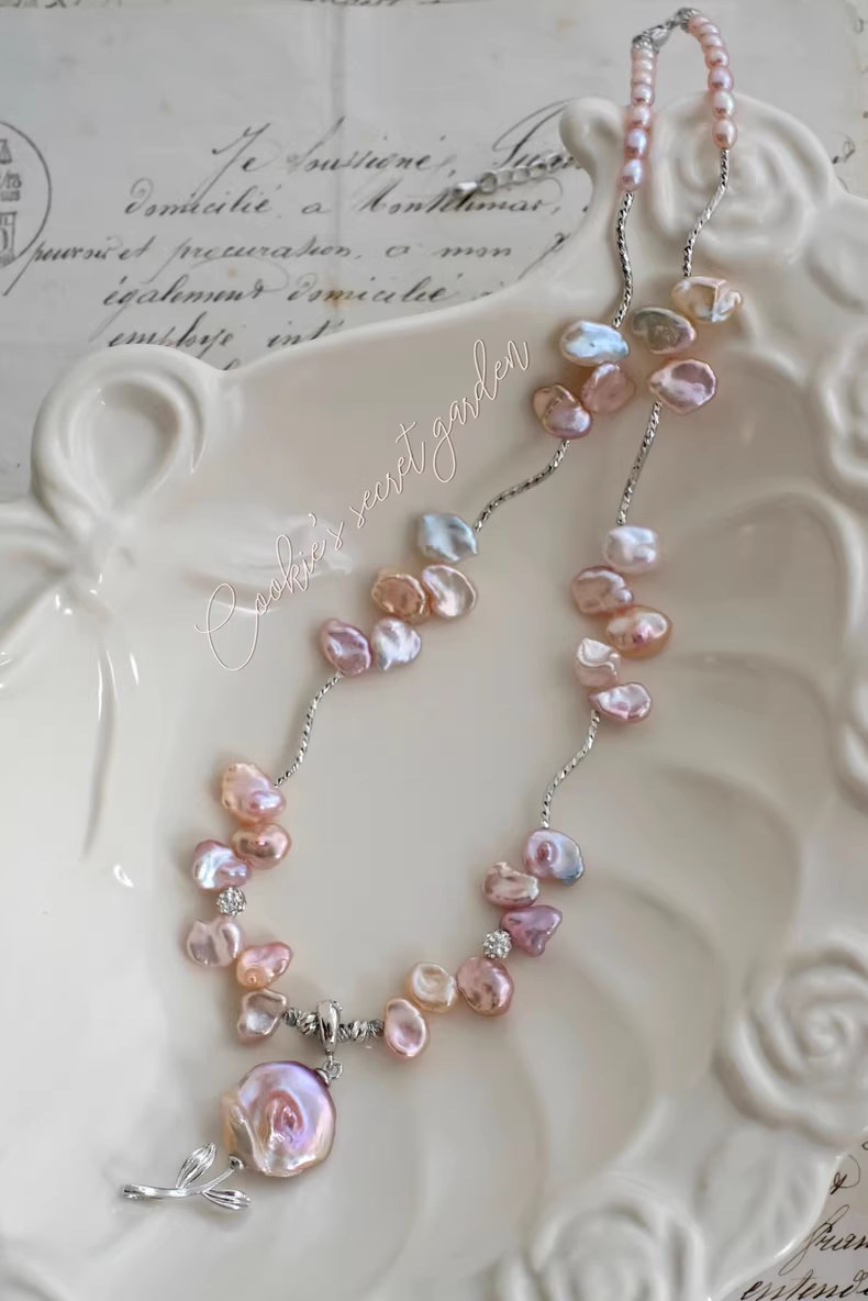 【Monet Garden Collection】Handmade Baroque Pearl Rose Pendant Necklace