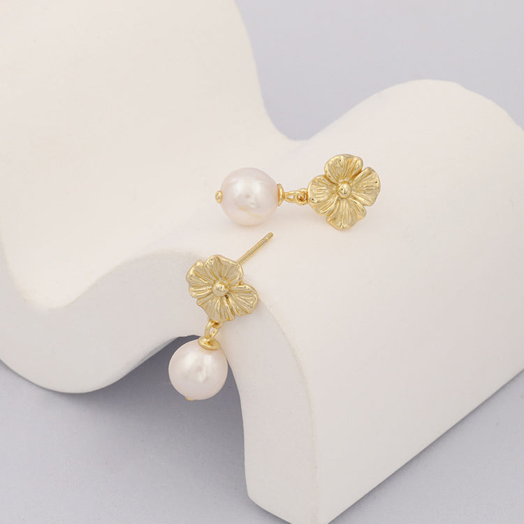 Flower Baroque Pearl Dangle Earrings