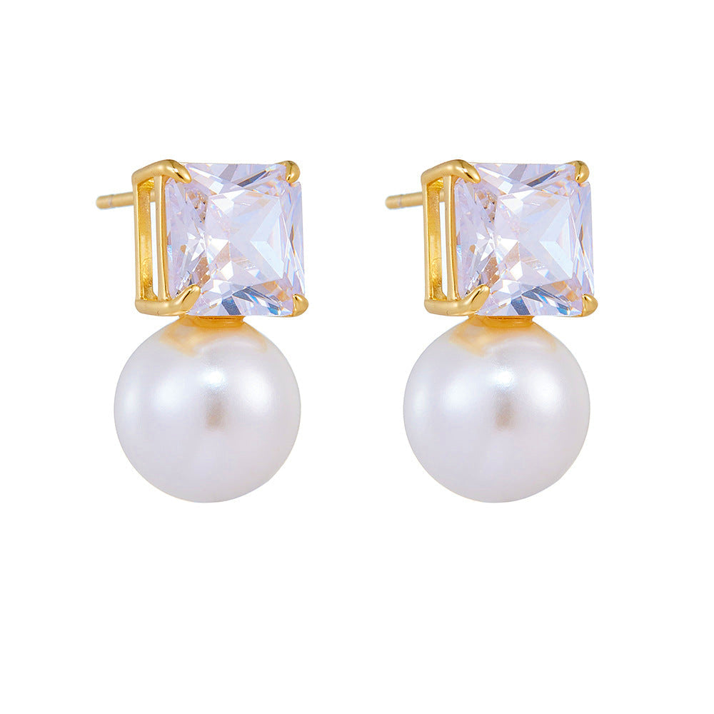 Cube Diamond 10mm Pearl Earrings