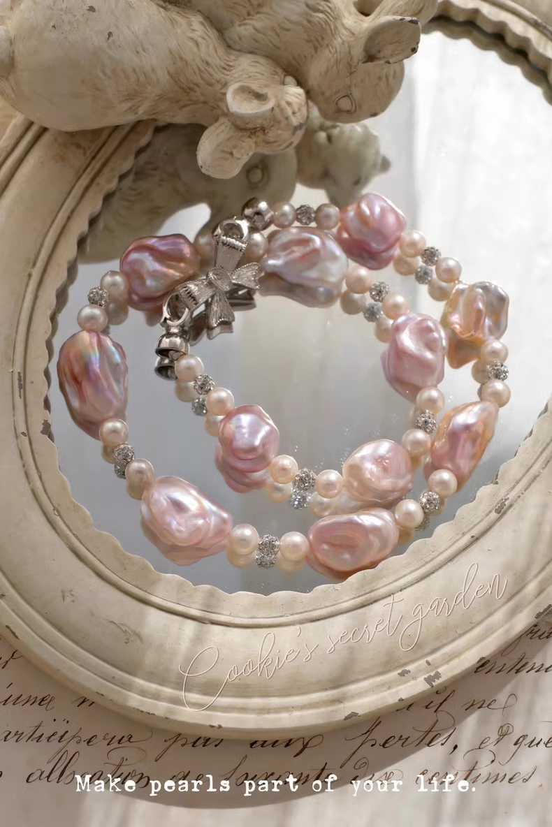 【Monet Garden Collection】 Handmade Strawberry Ice Shimmer Baroque Pearl Necklace