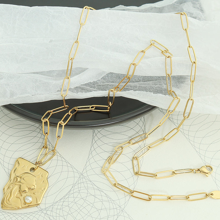 Long Paperclip Sweater Necklace With Geometric Embossed Portrait Pendant