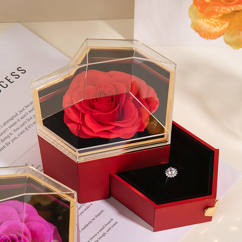 Beating Heart Preserved Rose Flower Ring Necklace Jewelry Box