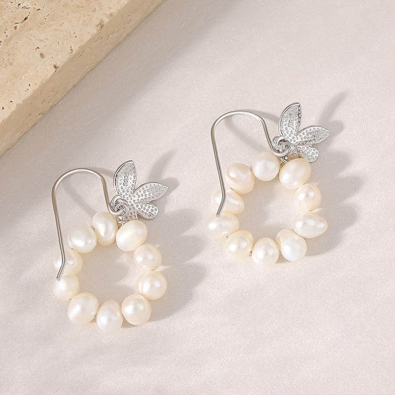 Leaf and Pearl Hook Earrings