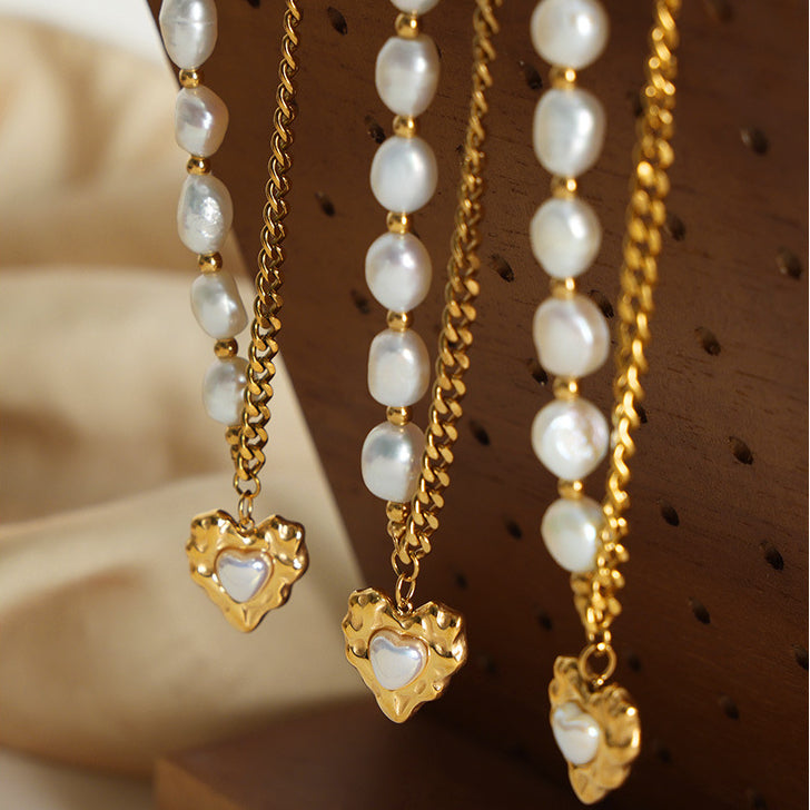 Half Gold Chain Half Freshwater Pearl Necklace With Heart Pendant 