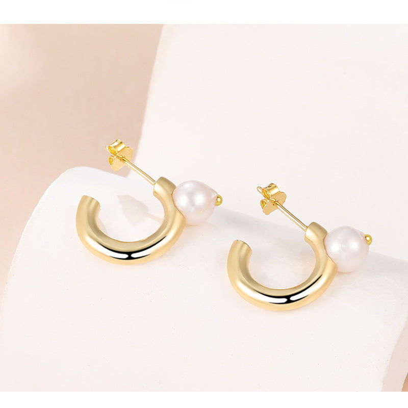 Simple C Hoop Pearl Stud Earrings