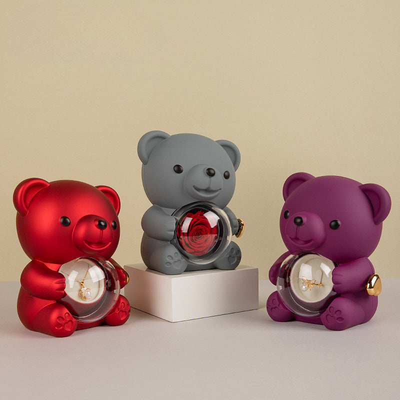 Teddy Bear Preserved Flower Ring Neckacle Jewelry Box