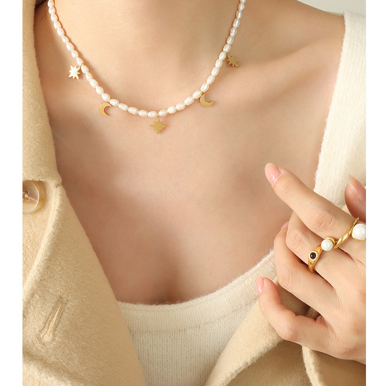 North Star Moon Charms Freshwater Pearl Necklace