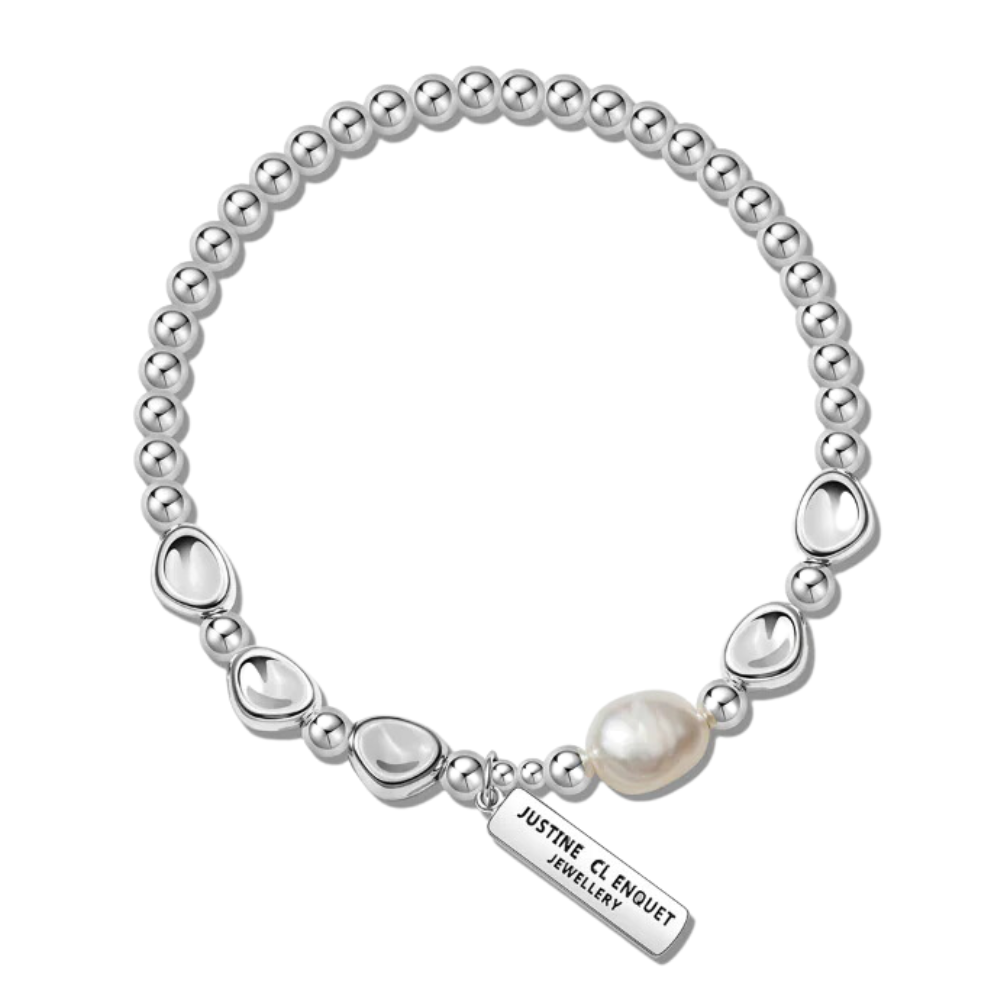 Rectangle Tag Silver Pearl Bracelet