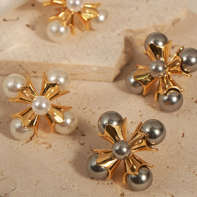 Vintage Floral Cross Pearl Earrings 