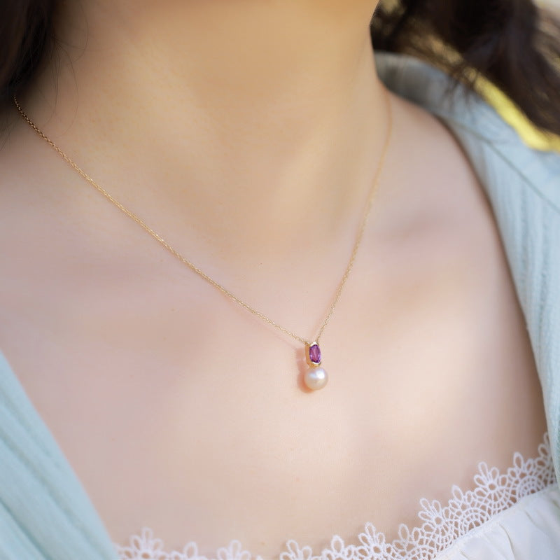 Natural Freshwater Pearl and Purple Crystal Pendant Necklace