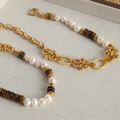 Natural Brown Tiger Eye Stone Freshwater Pearl Necklace Bracelet Set