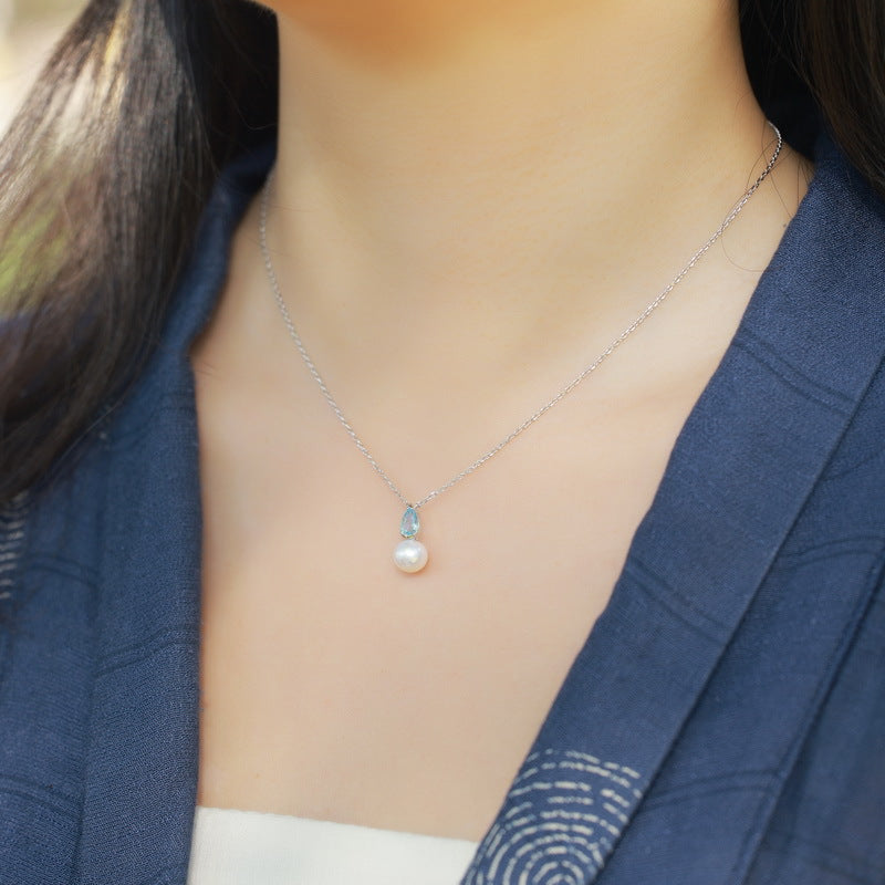 Sky Blue Topaz and Freshwater Pearl Pendant Necklace