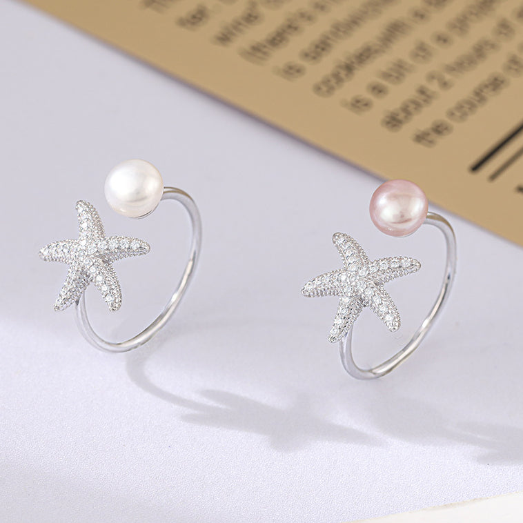 Pearl and Starfish Necklace Earrings Ring Set