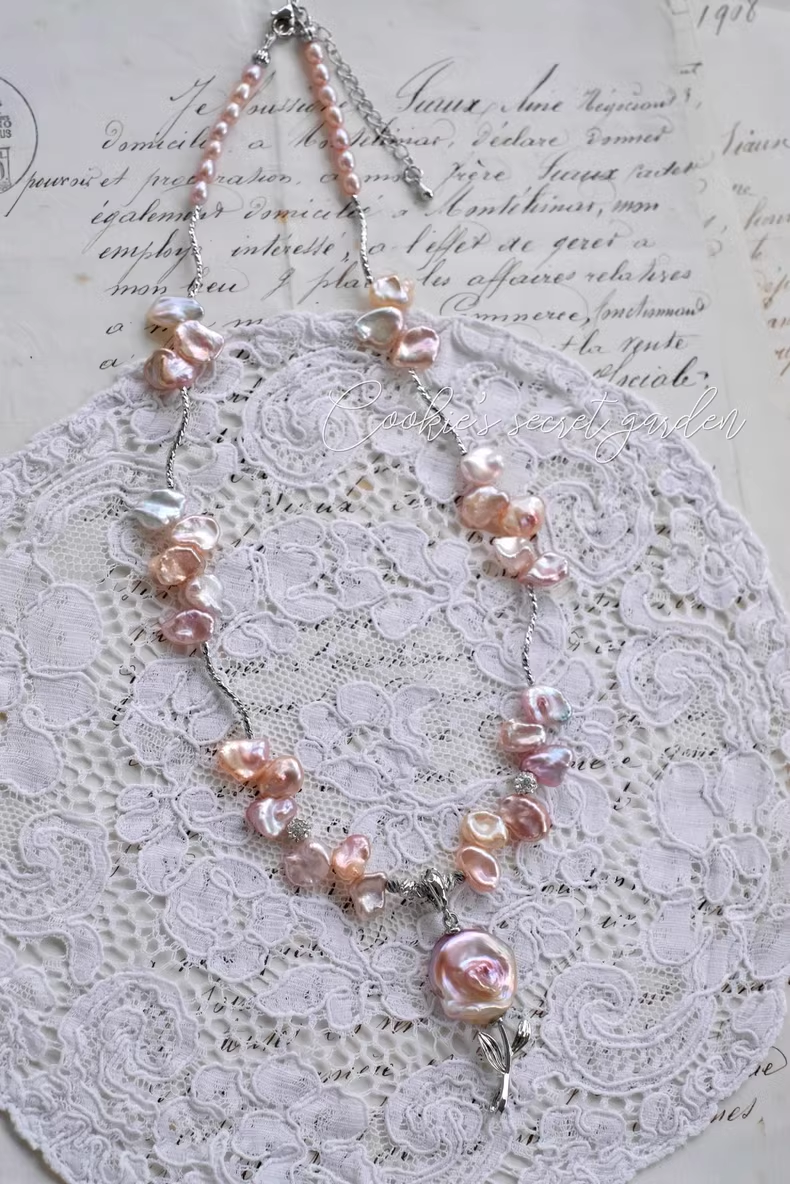 【Monet Garden Collection】Handmade Baroque Pearl Rose Pendant Necklace