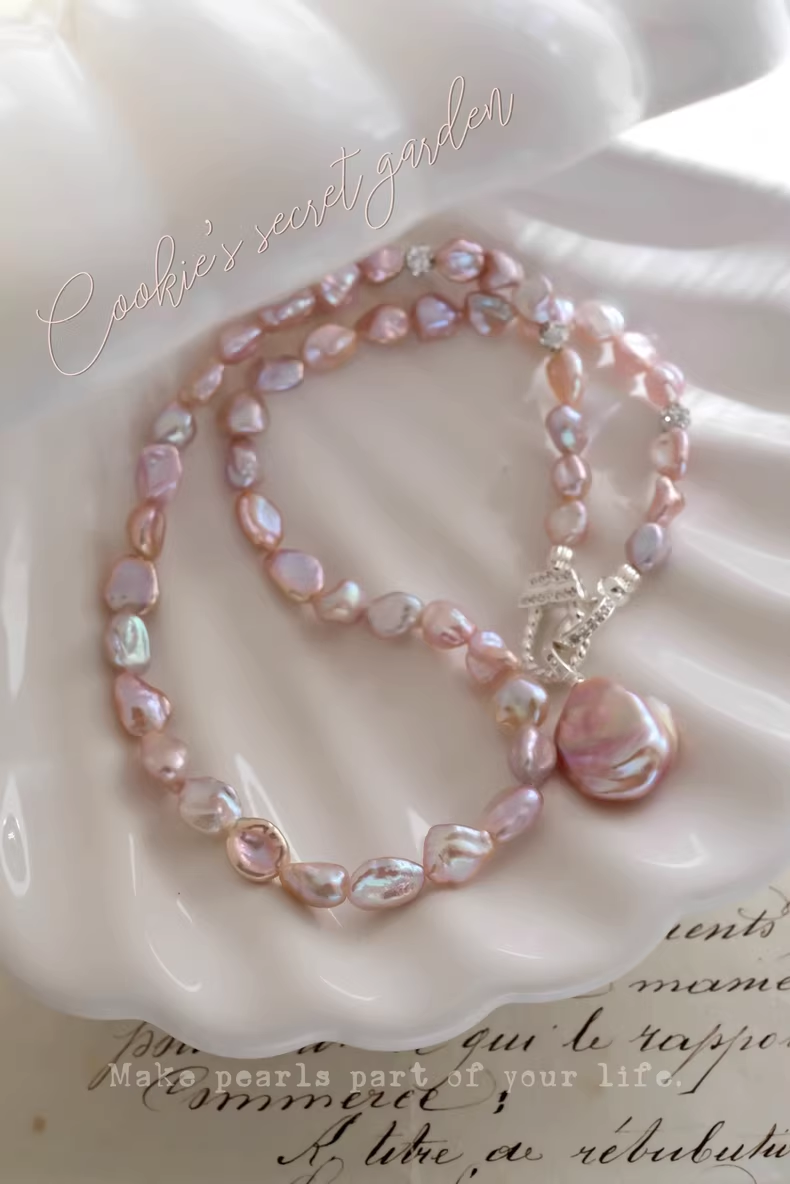 【Monet Garden Collection】 Handmade Sakura Baroque Pearl Necklace