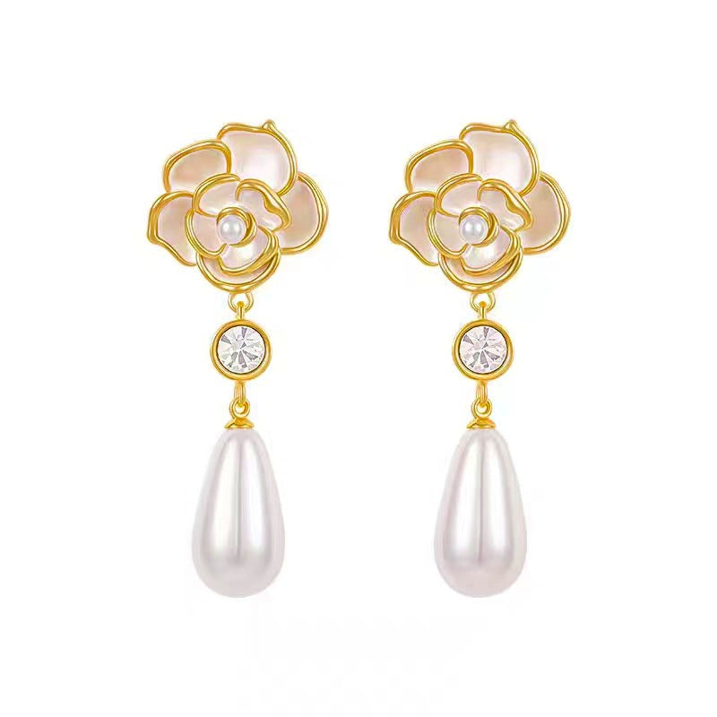 Camellia Drop Pearl Earrings