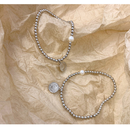 S925 Beads Round Coin Charm Pearl Elastic Bracelet