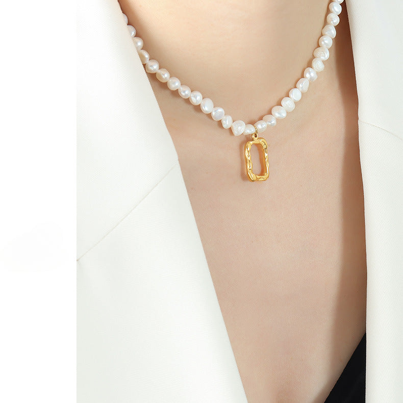 Rectangular Hollow Frame Pendant Freshwater Pearl Necklace