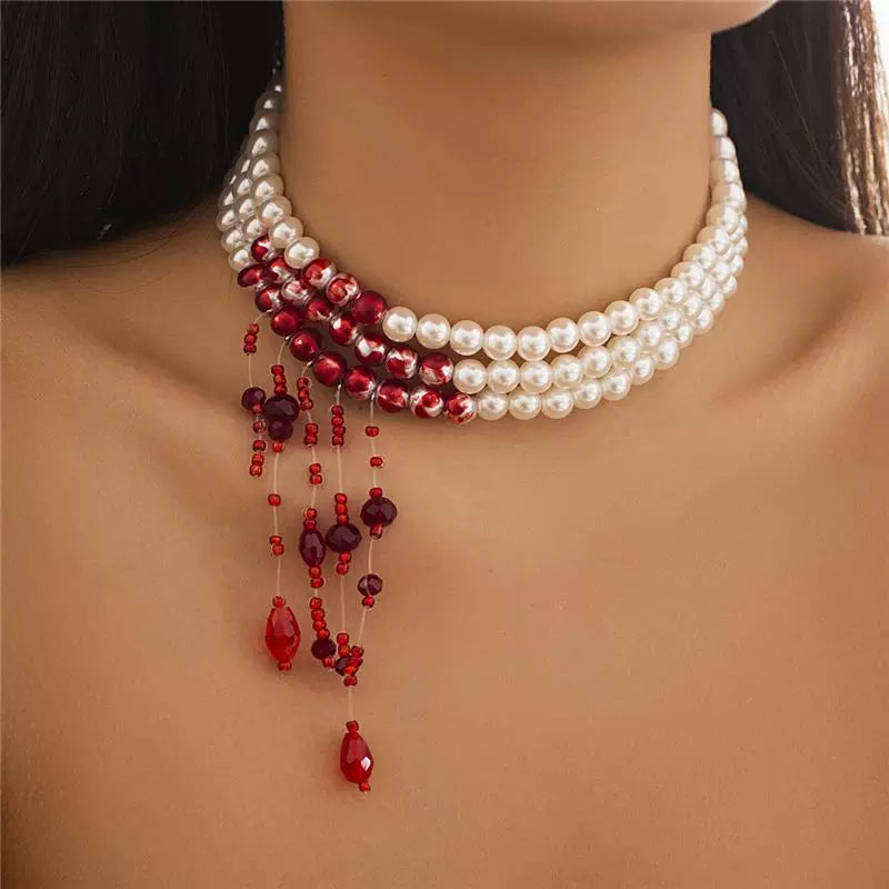 Vampire Bite Dracula Kiss Bloody Pearl Choker Necklace Bracelet Earrings Brooch