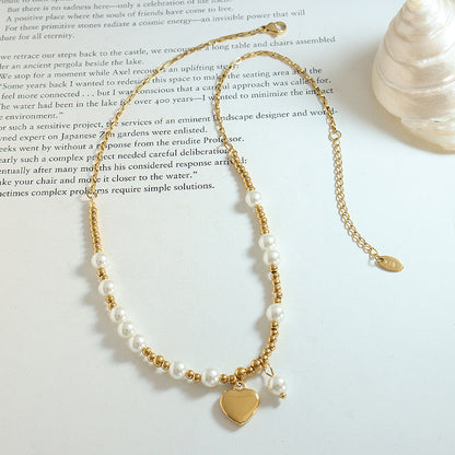 Gold Beads Heart Pendant Pearl Necklace