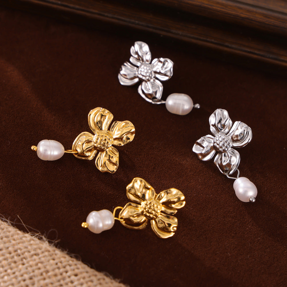 Elegant Flower Pearl Drop Earrings