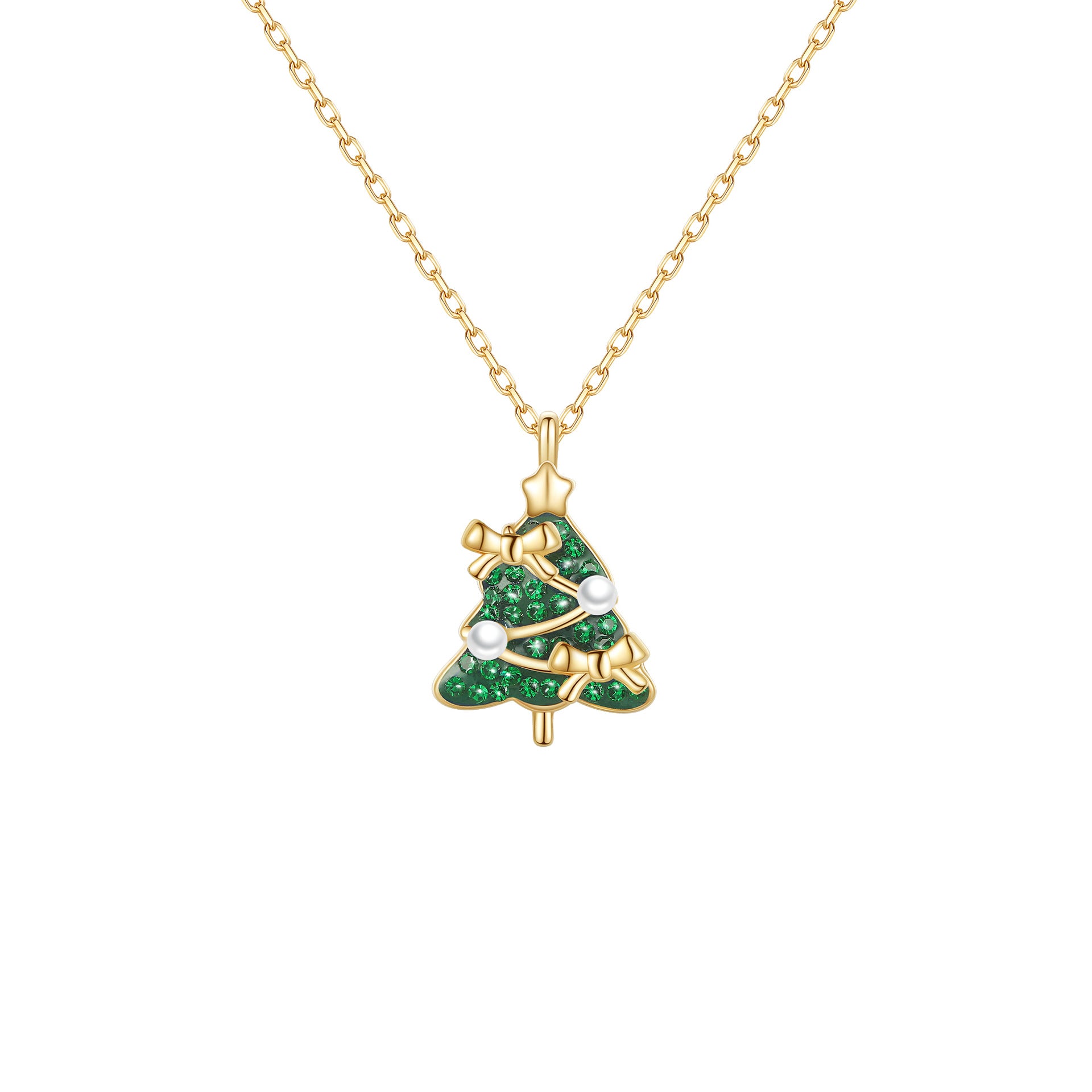 Christmas Tree Bow Pearl Pendant Necklace