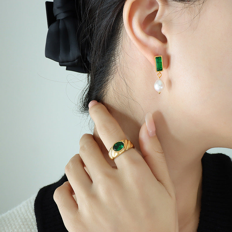 Black Zircon And Emerald Pearl Drop Earrings