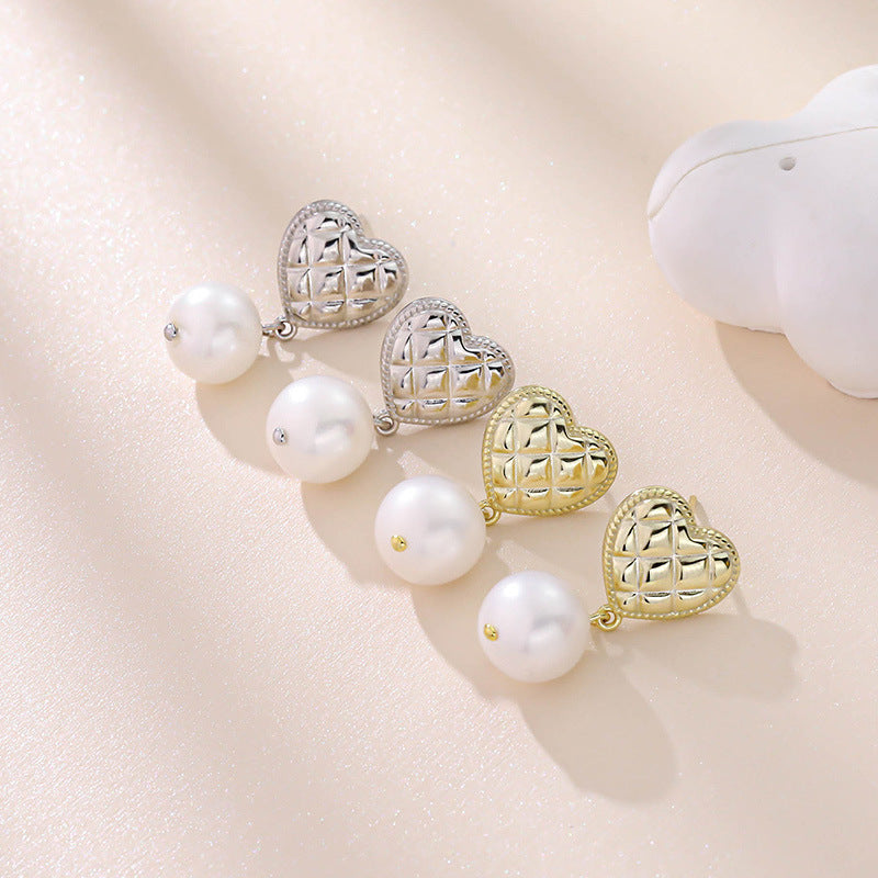 Lozenge Textured Love Heart Pearl Dangle Earrings