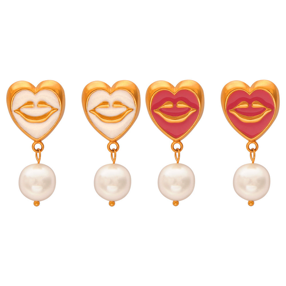 Enamel Glaze Smile Heart Mouth Pearl Drop Earrings