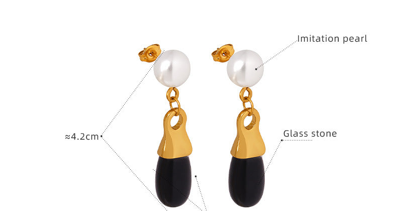 Drop Black Glass Stone Pearl Stud Earrings