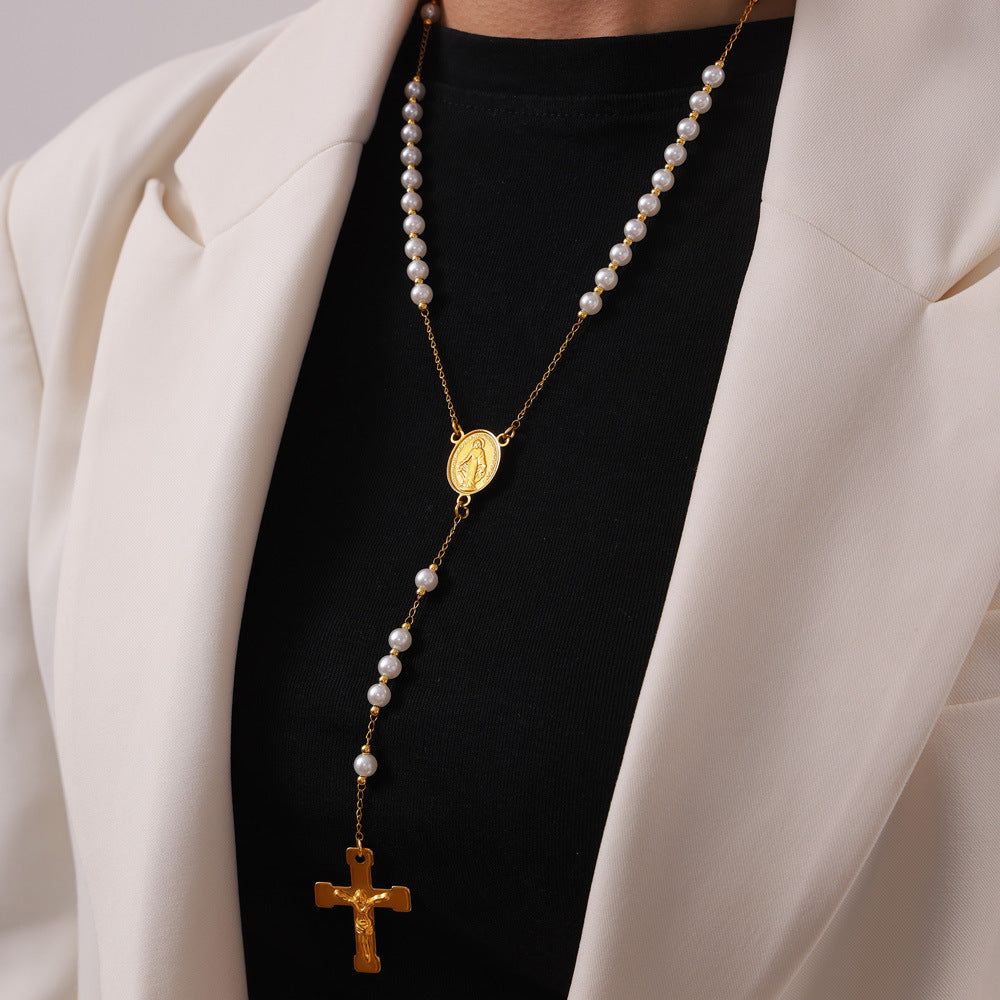 Jesus Cross Pendant Long Pearl Necklace