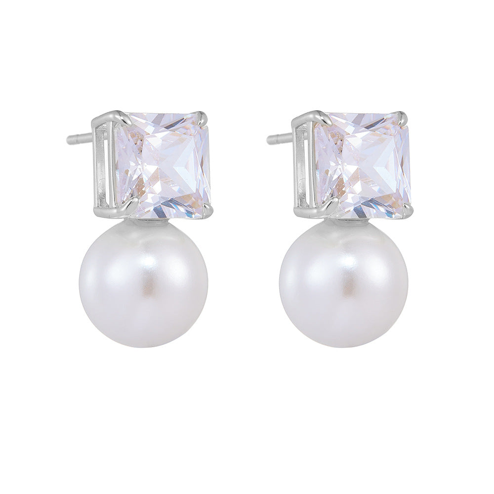 Cube Diamond 10mm Pearl Earrings