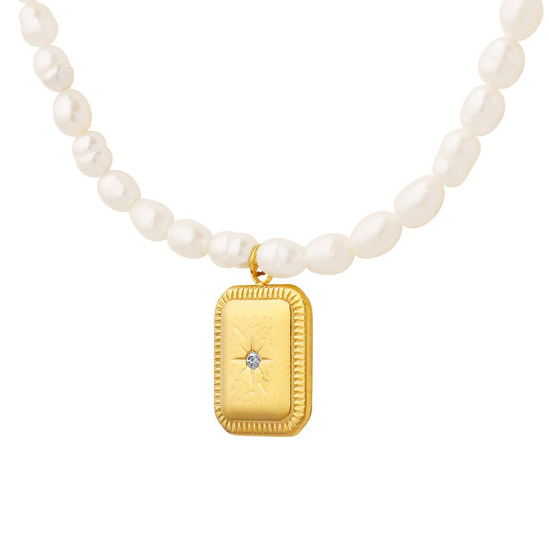 Rectangular Plate Inlaid Zircon Pendant Freshwater Pearl Necklace