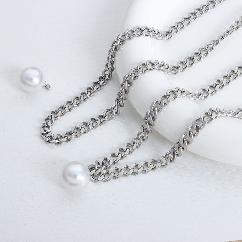 Silver Cuban Chain With A Detachable Pearl Pendant Necklace