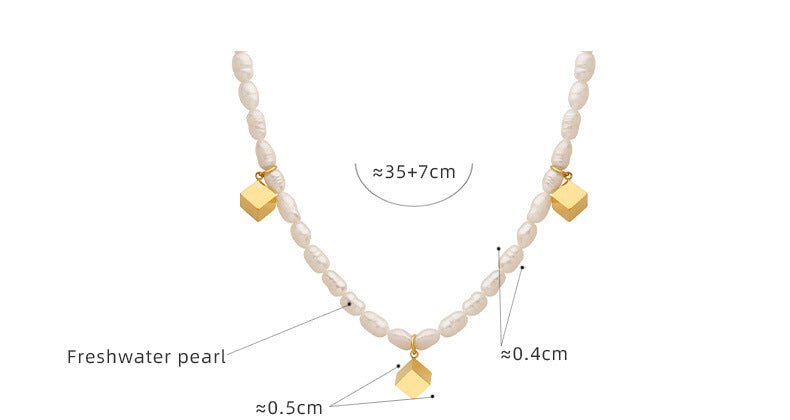 Gold Cube Charms Freshwater Pearl Necklace