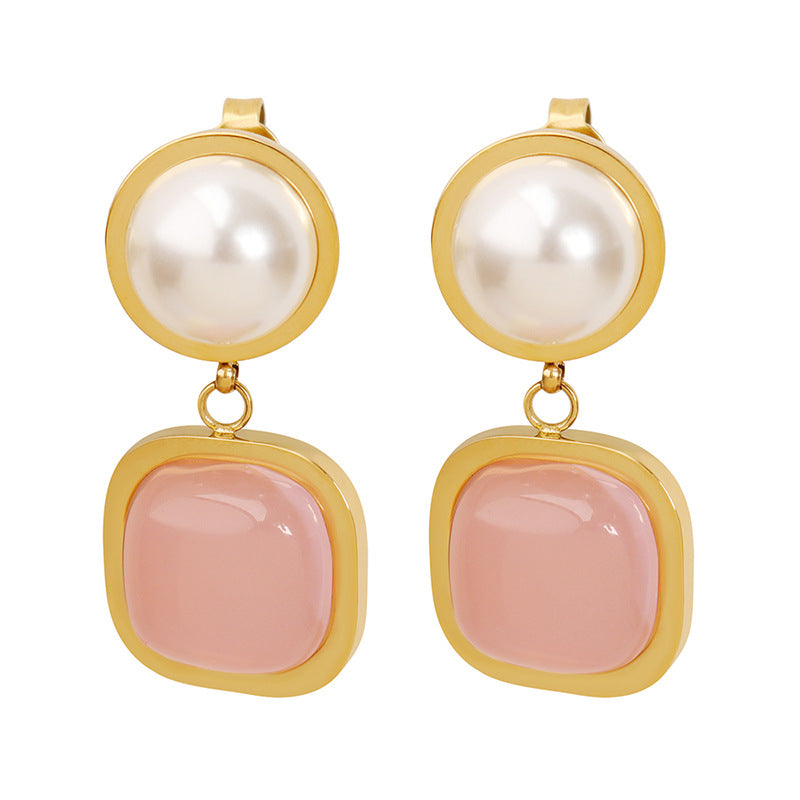 Square Pink Jade Pearl Earrings