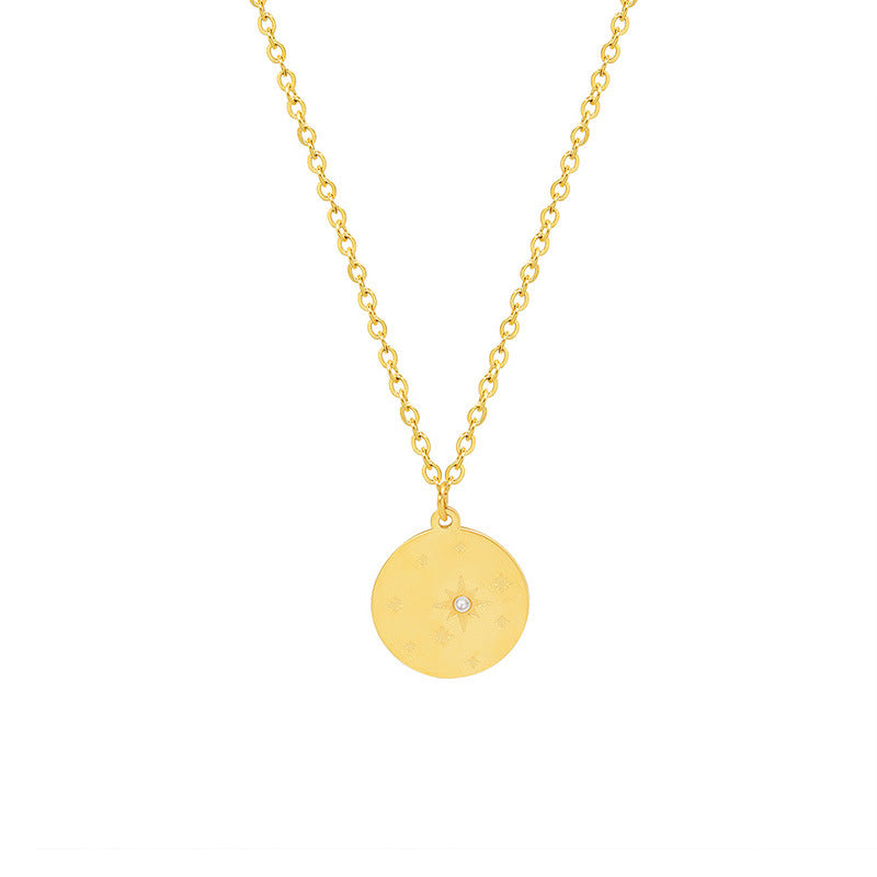 North Star Inlay Pearl Round Coin Pendant Necklace