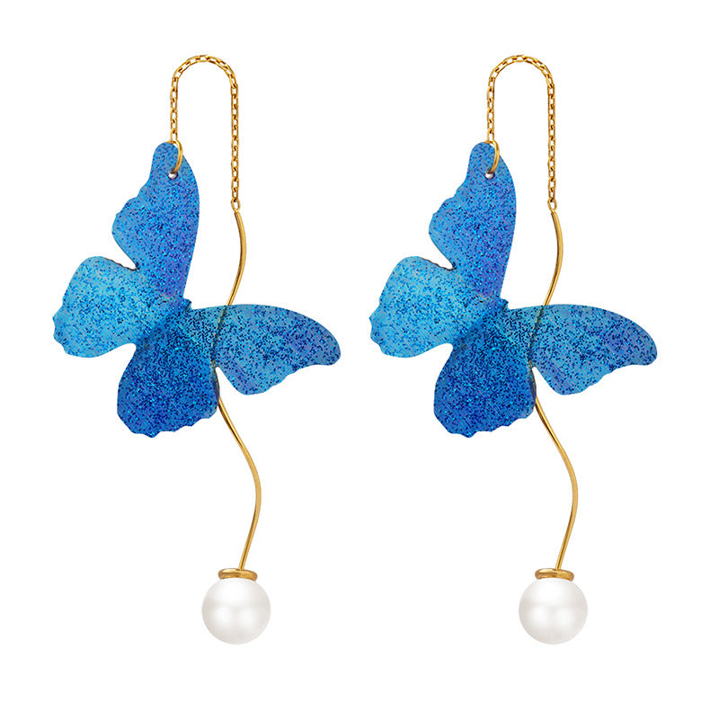 Pearl Drop Linear Blue Butterfly Earrings