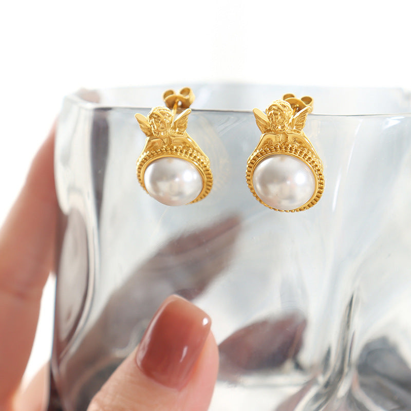 Angel Wings Pearl Stud Earrings