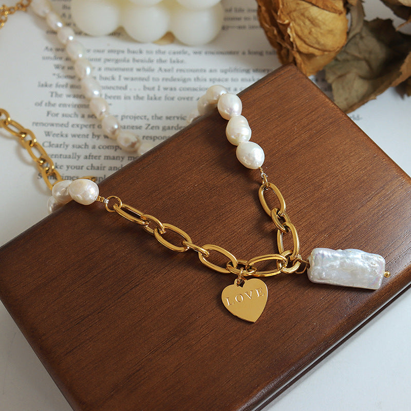 Pearl Splicing Thick Chain Necklace With Love Pendant