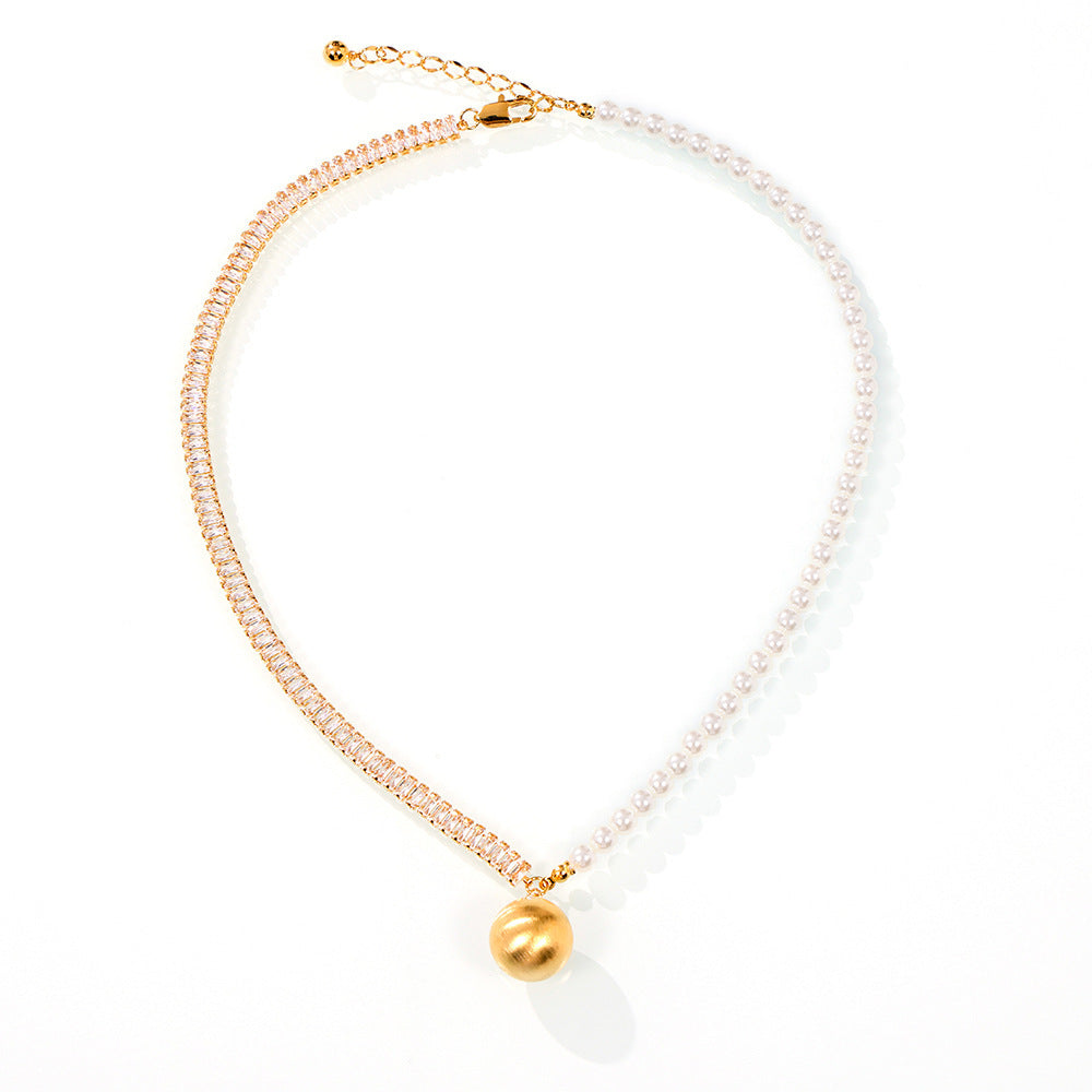 Half Diamond Half Pearl Necklace With Round Pendant