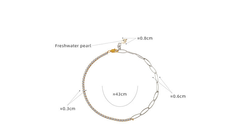 Half Zircon Claw Chain Half Oval Paperclip Chain Pearl Pendant Necklace