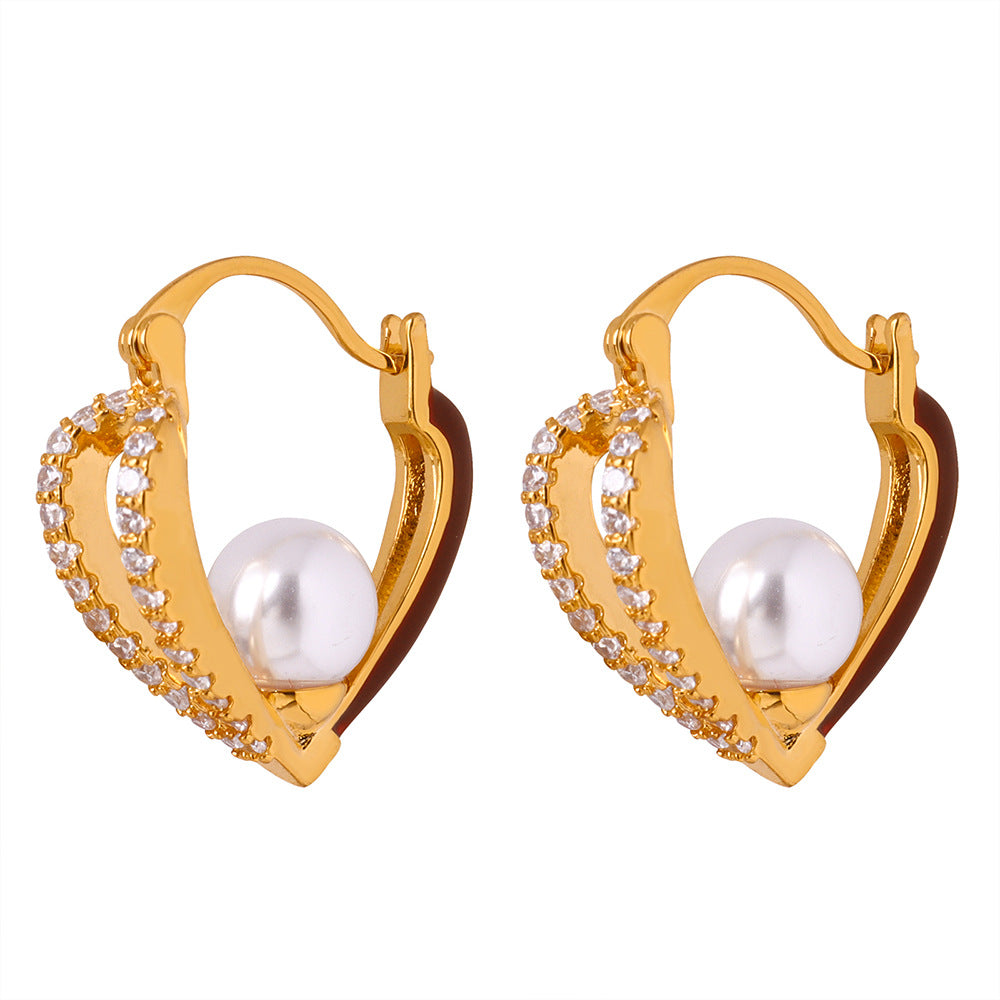 Hollow Love Heart Inlaid Pearl Earrings