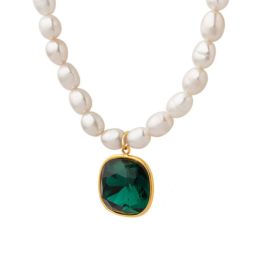 Deep Green Crystal Pendant Pearl Necklace