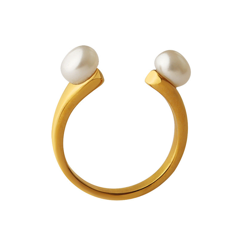 Open Mouth Inlay Two Pearls Ring