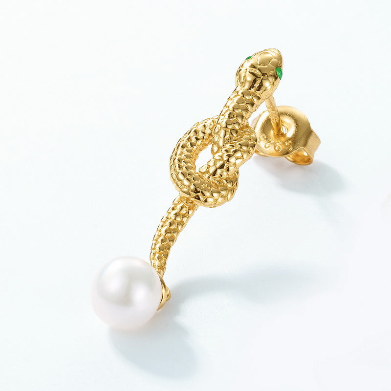 Pearl Dangle Green Eye Gold Snake Earrings