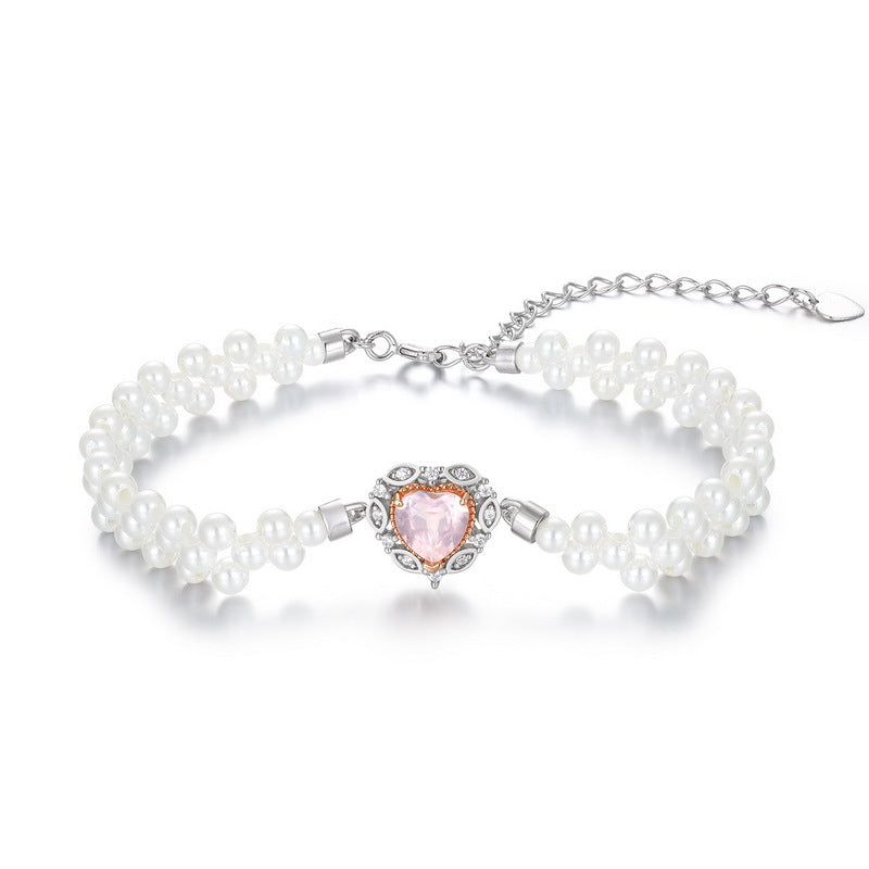 Girly Princess Natural Pink Crystal Love Heart Pearl Bracelet