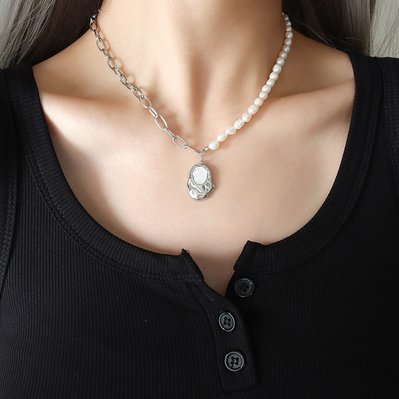 Enamel Pendant Half Pearl Half Chain Necklace and Earrings Set