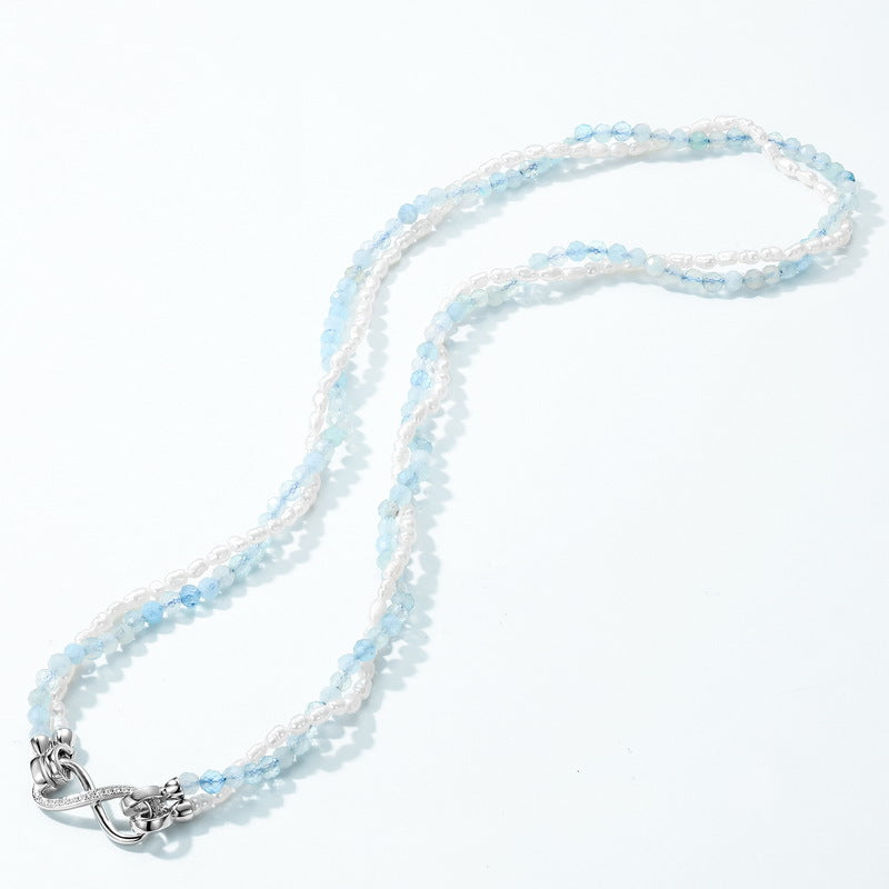 Multi Wear Ways Blue Crystal and Freshwater Pearl 2 Layers Necklace